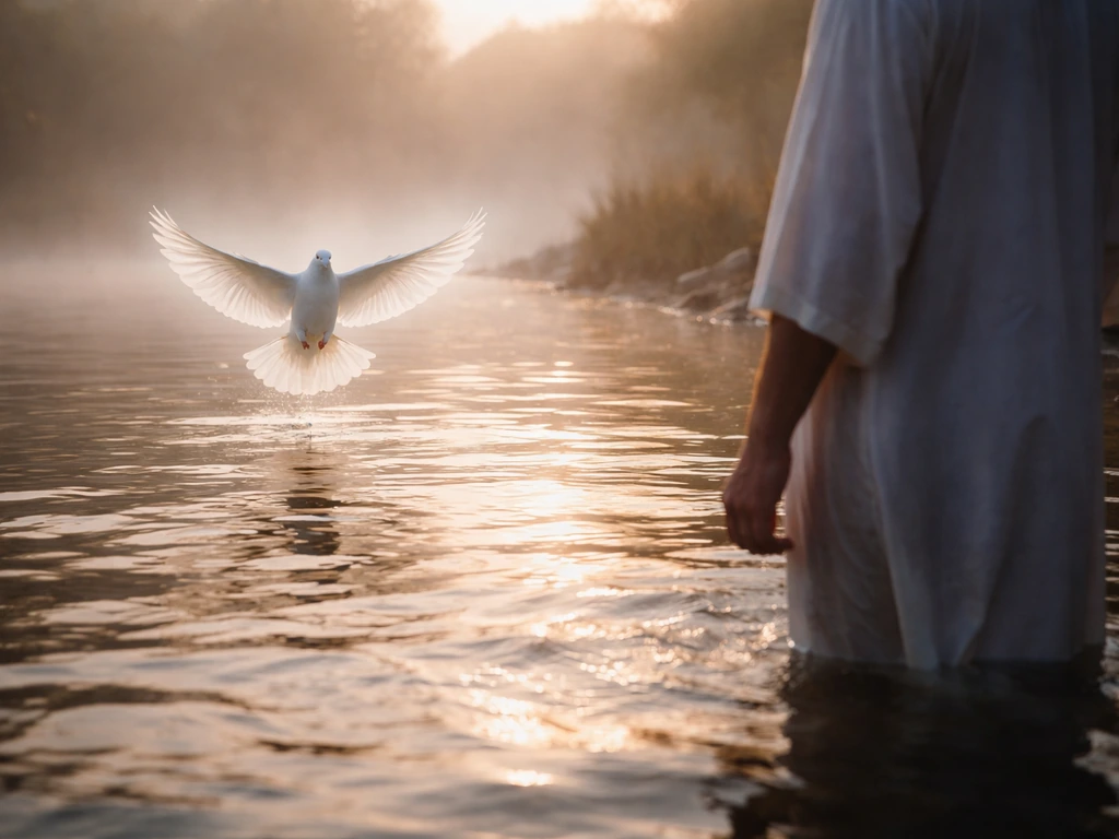 A white dove descending over shallow river water with a generic baptism figure standing nearby.
