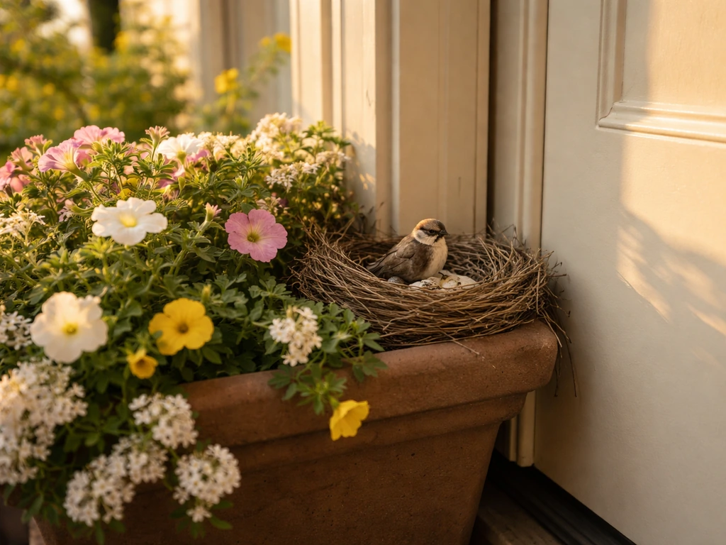 Small bird perched on a nest near a home doorway at golden hour, warm natural light, peaceful mood.