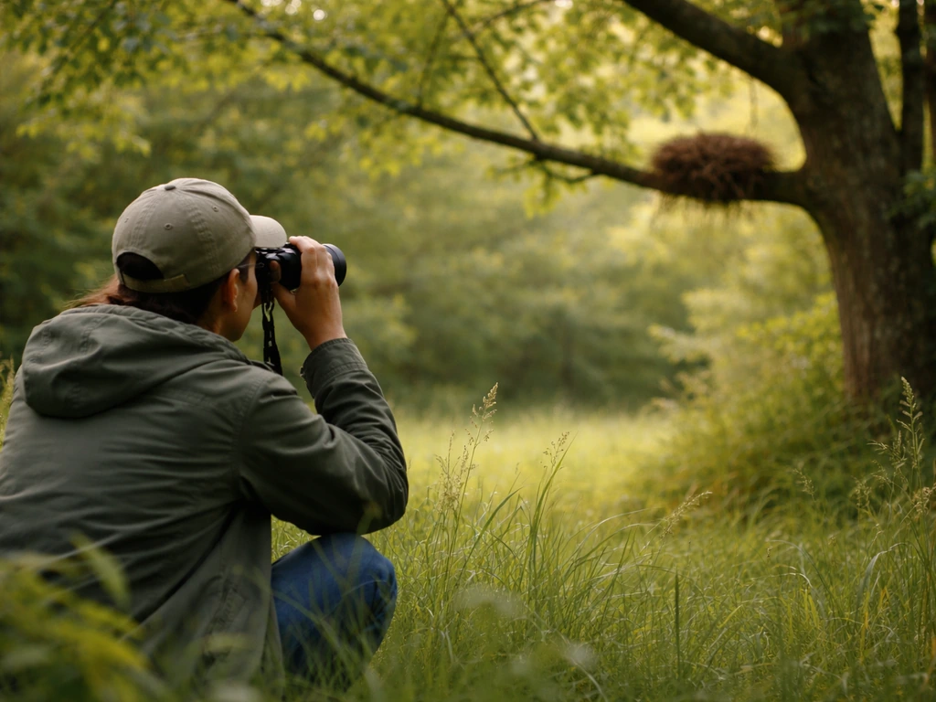 Person observing a bird nest from a safe distance with binoculars in tall grass.