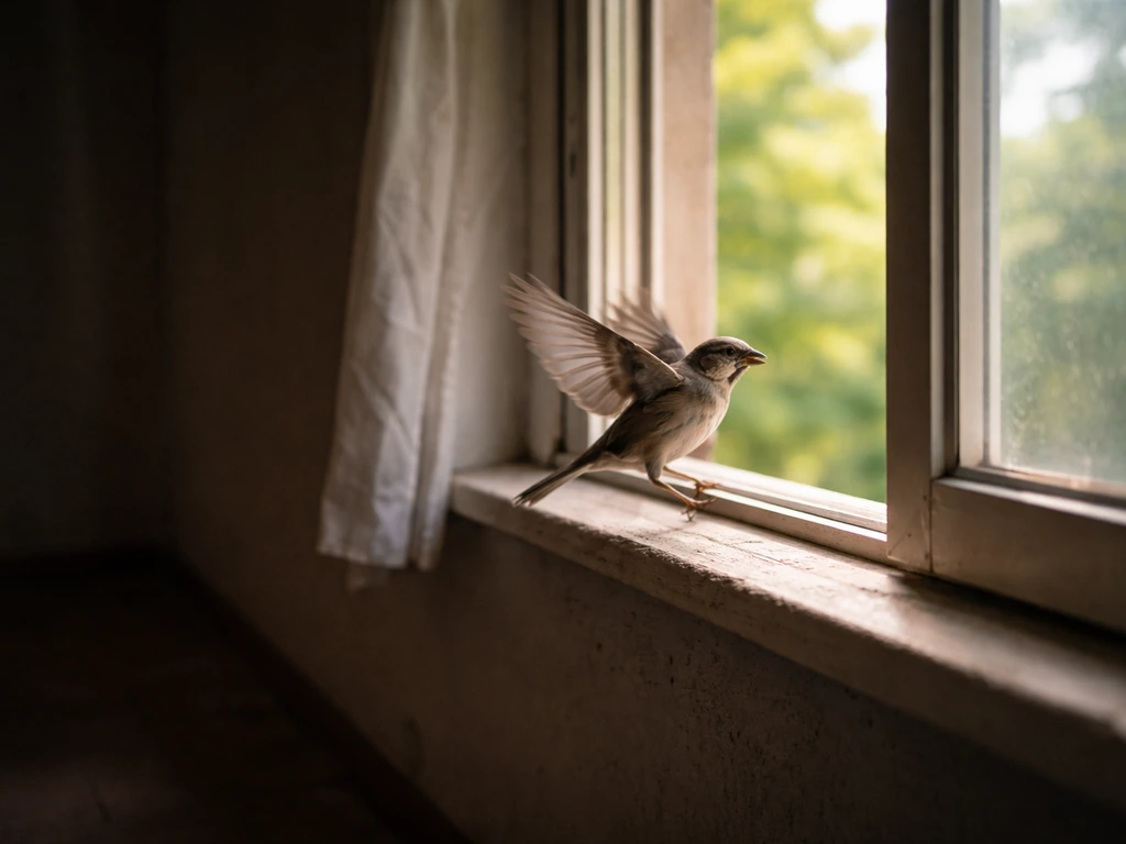 Small bird fluttering near an open window inside a dim room, symbolizing confinement and freedom.