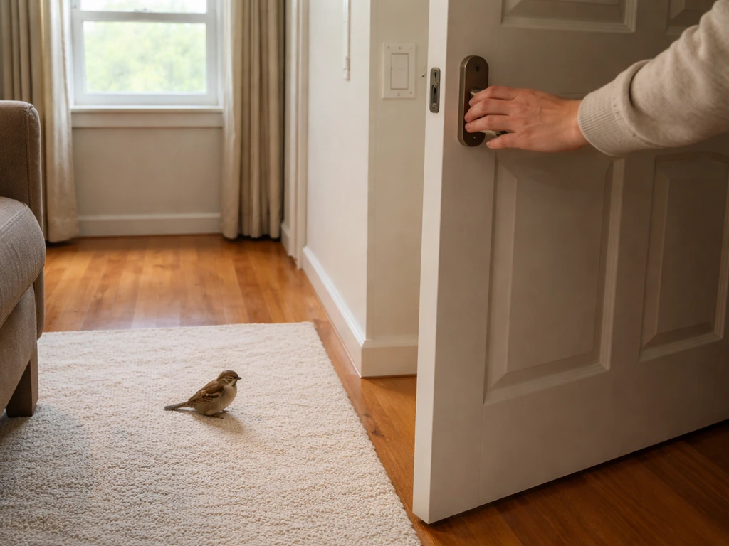 A small bird on the floor as a door is being closed to keep it from escaping to other rooms.