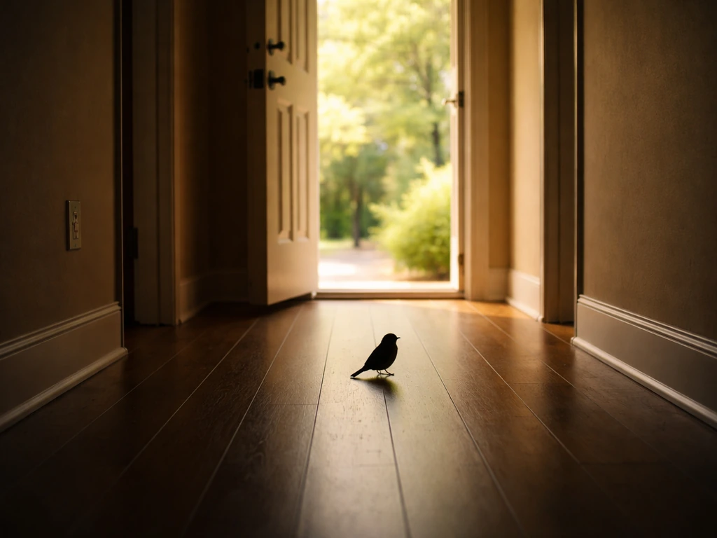 Silhouette of a small bird near an open doorway, suggesting being stuck yet longing to escape