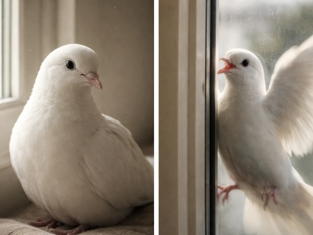 Side-by-side close-ups: a calm dove near a window vs a panicked dove hitting the glass.