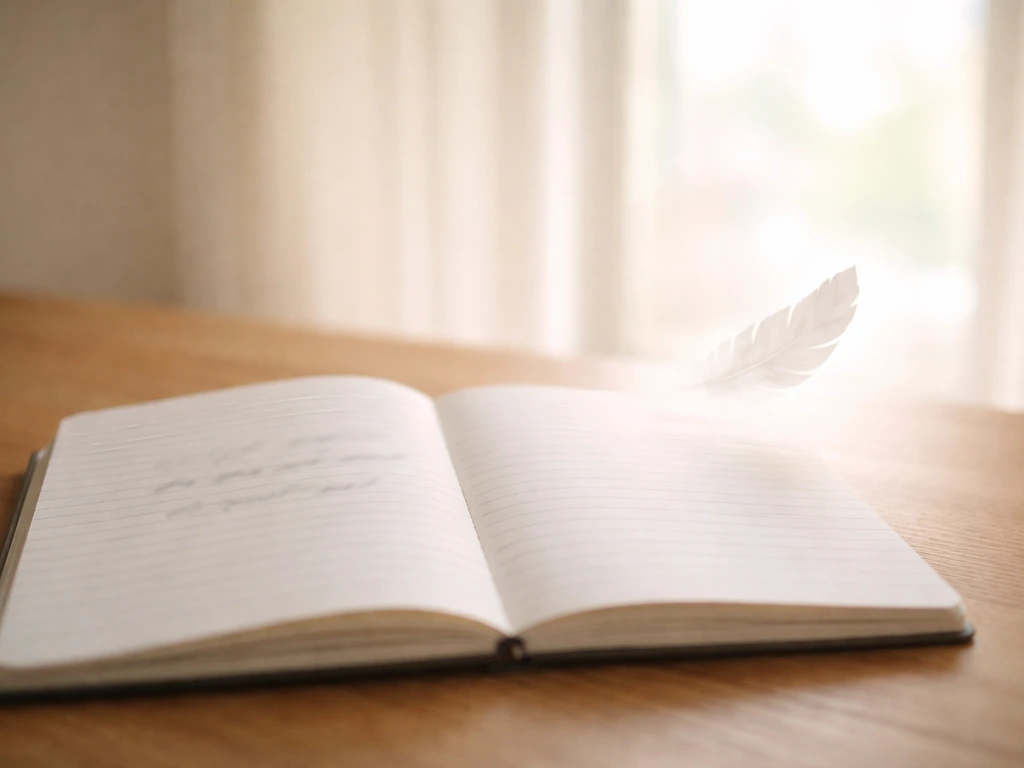 Open lined notebook on a wooden desk with soft light, evoking a closed-to-open feeling.
