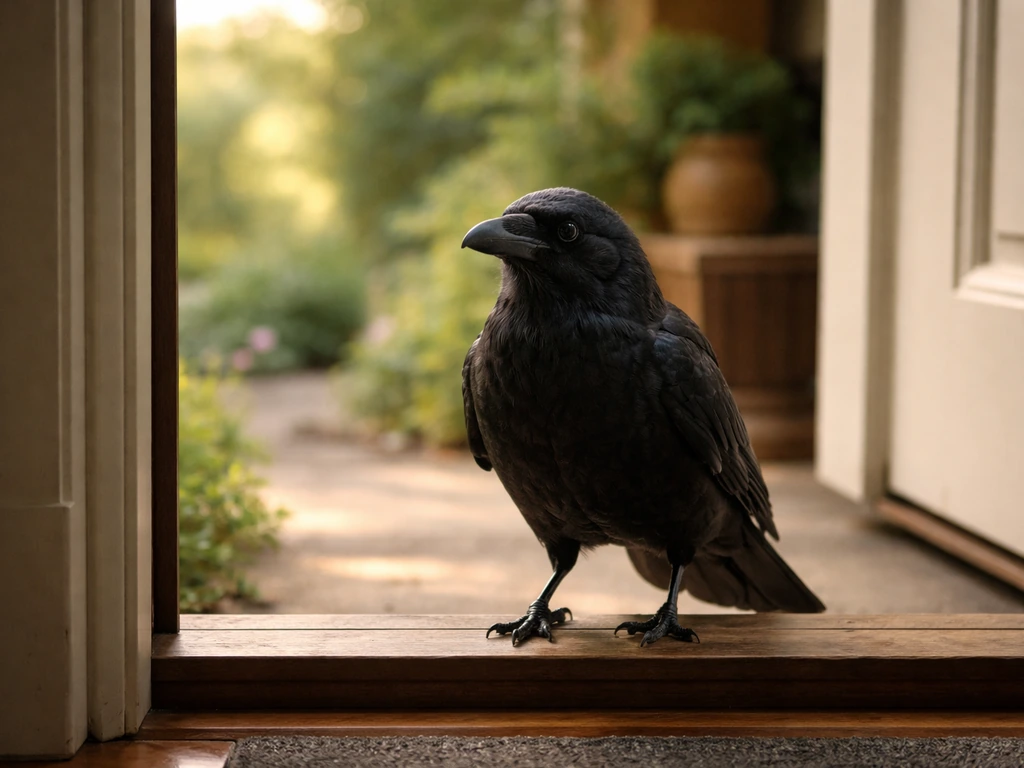 A dark crow perched on the edge of a front doorway porch at eye level, calm and intimate.