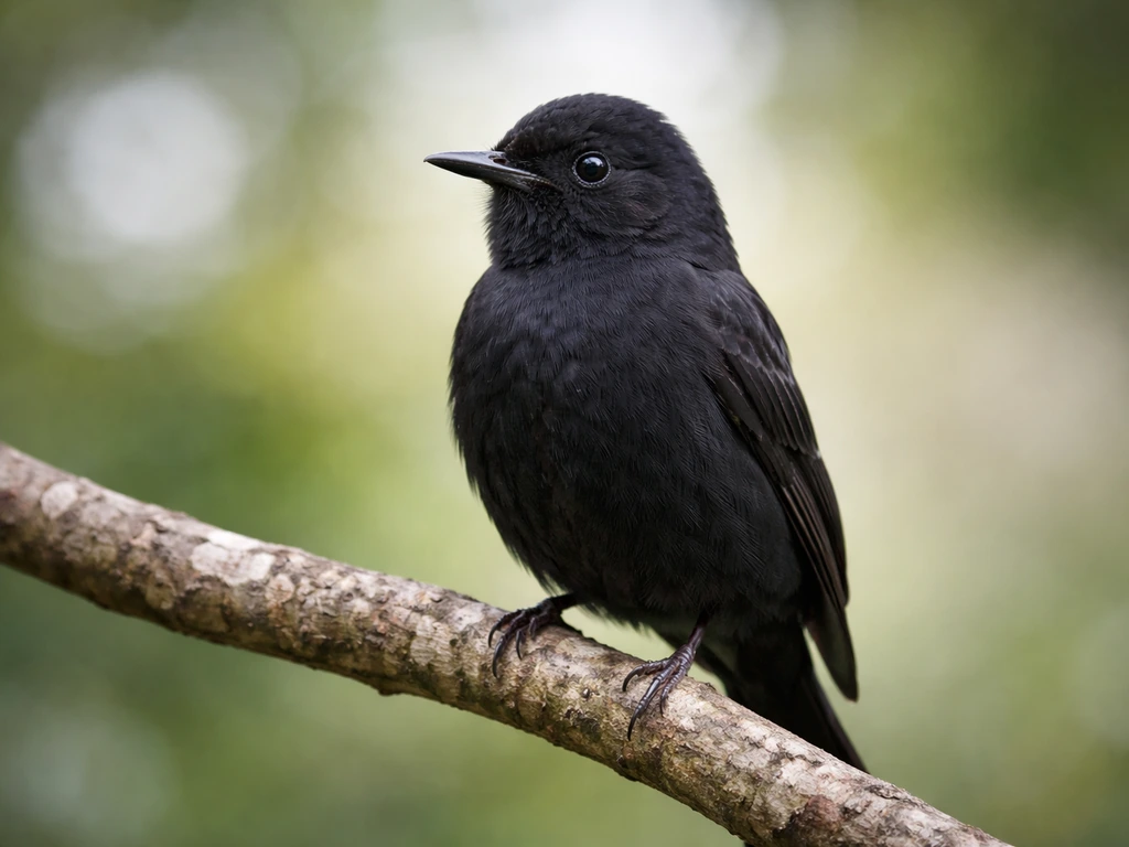 Close-up of a black bird perched and watchful, head tilted, eyes focused in one direction.