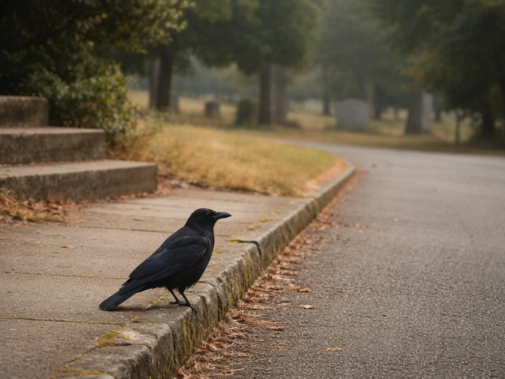Black crow perched at the edge of a sidewalk near steps in a quiet park-cemetery boundary