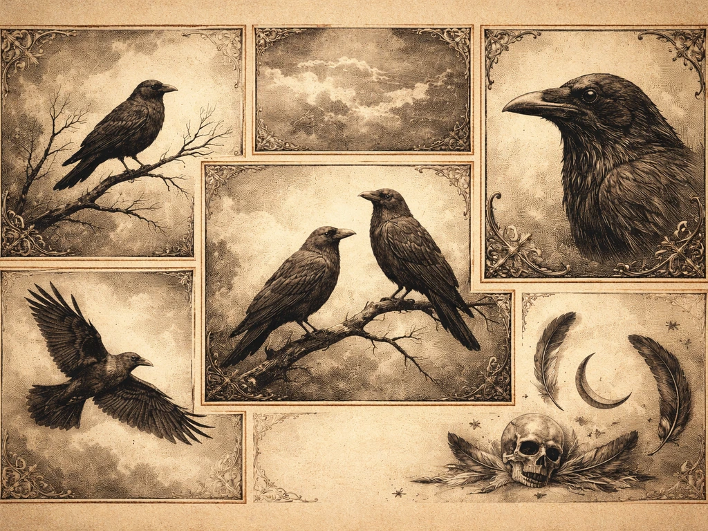 Vintage collage of black crow and raven symbols in dim moody tones