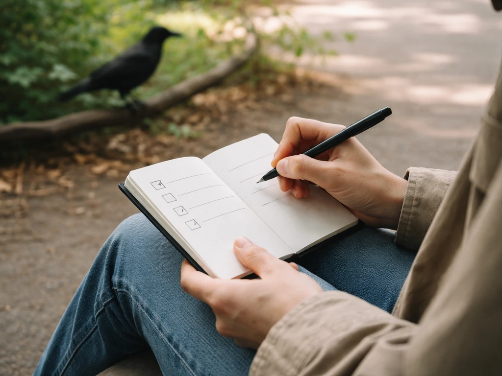 Person journaling outdoors with a notebook checklist right after a black bird encounter