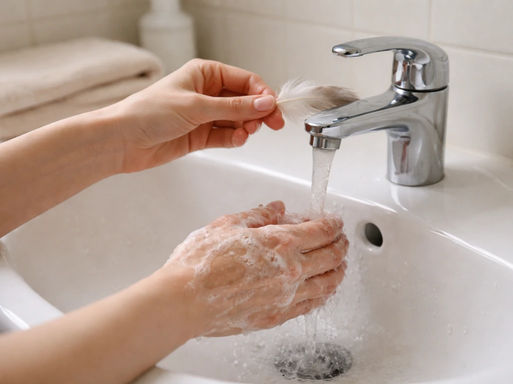 Hands washing after touching a feather, with a feather held above a sink and soap and water visible