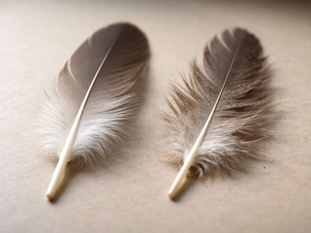 Two close-up feathers side by side: one clean and intact, one worn and dirty.
