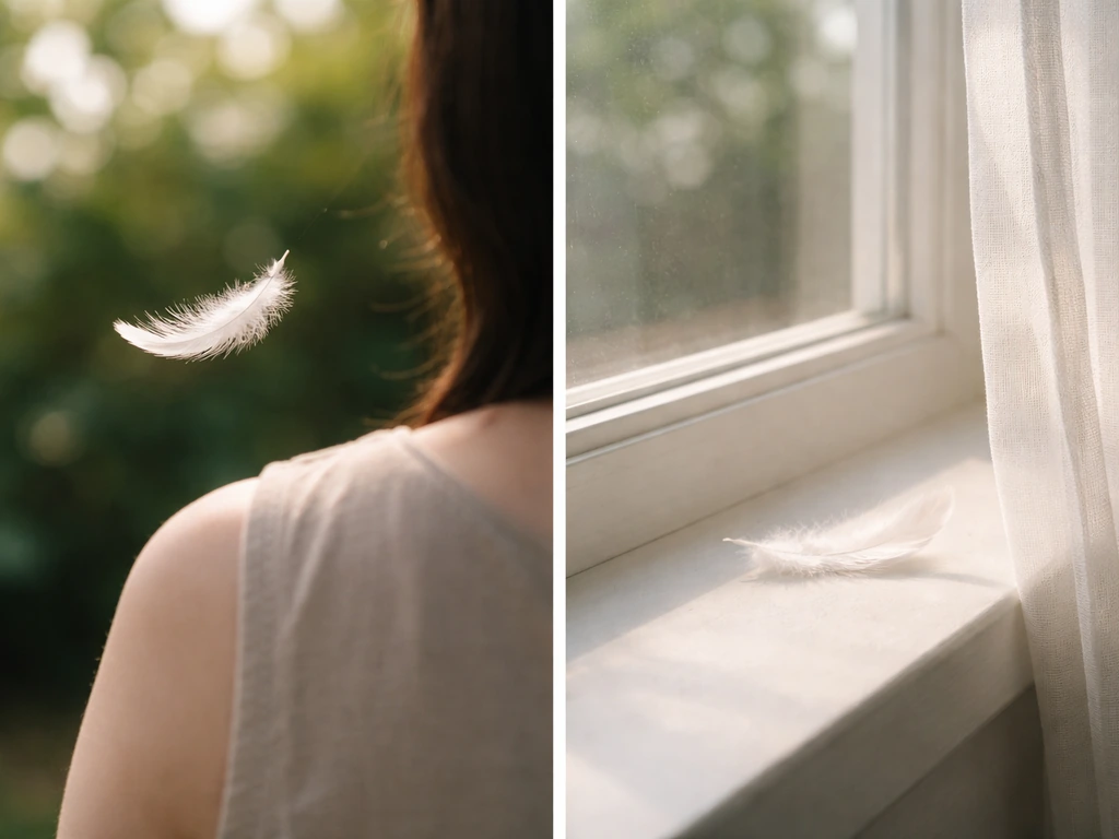 Split scene: feather drifting toward a shoulder outdoors and a feather resting on an indoor windowsill.