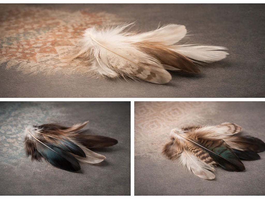 Minimal collage of feathers with subtle cultural-inspired patterns and symbols in three quiet color palettes.