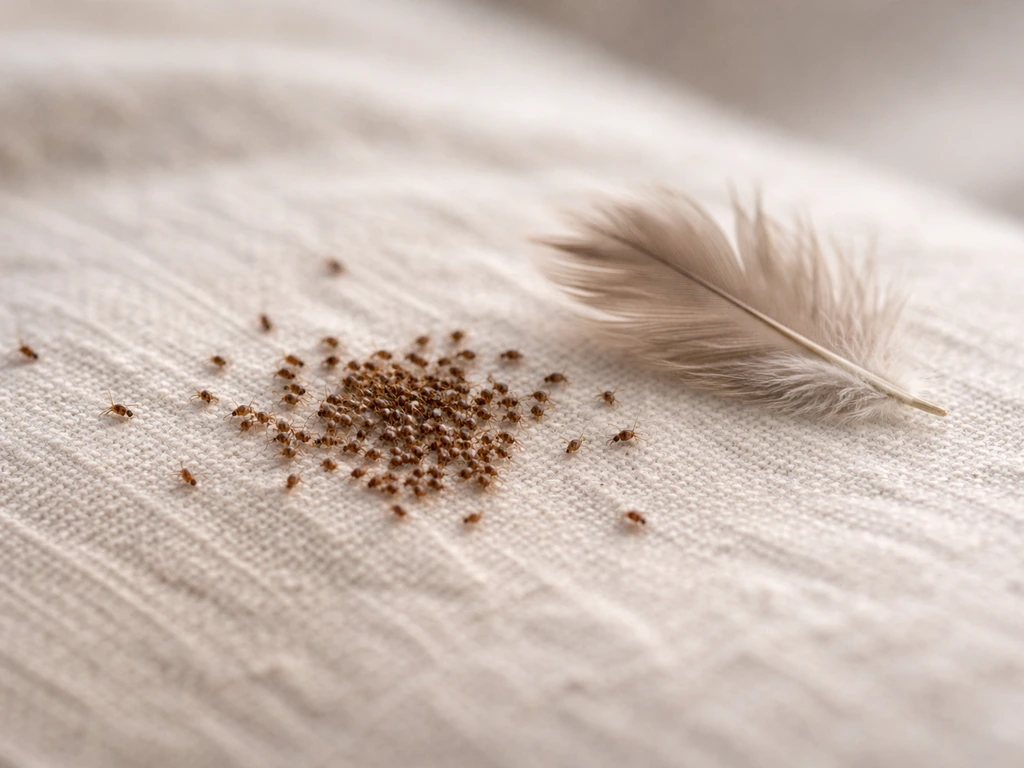 Macro view of tiny mites on a light fabric bedding surface next to a single feather.