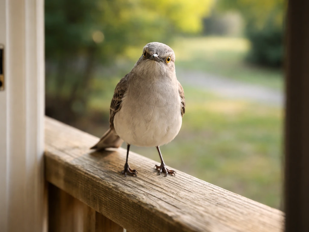 Northern mockingbird perched on a porch railing, looking toward the camera in natural light.