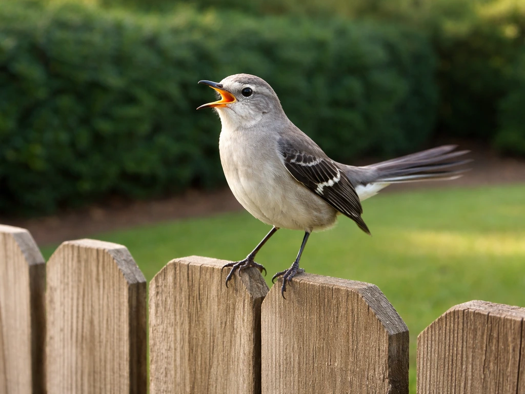 A northern mockingbird perched on a fence rail, singing near a hedge in warm daylight.