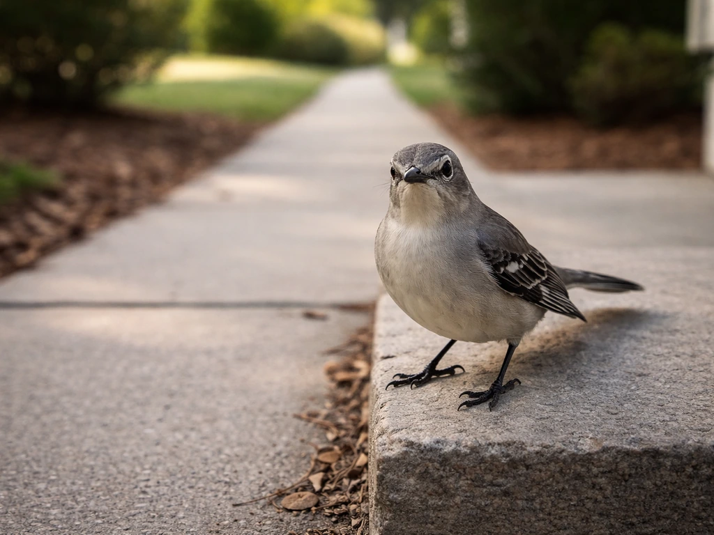 A mockingbird perched inches from a porch step, with the path leading forward in perspective.