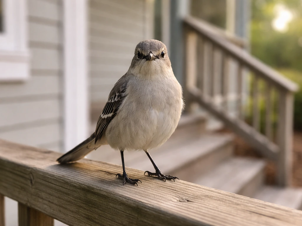 A calm mockingbird perched on a porch railing, looking directly at the camera.