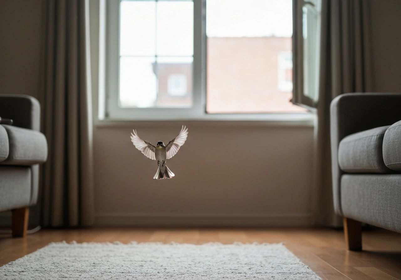 A small bird flying near an open window in a quiet living room, suggesting calm safe removal.