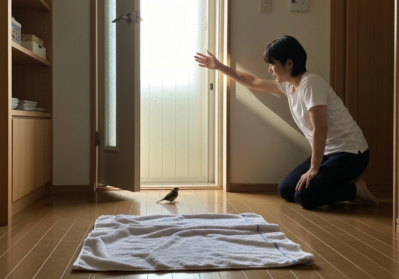 Calm householder gently guides a small trapped bird toward an open door with a soft towel on the floor.