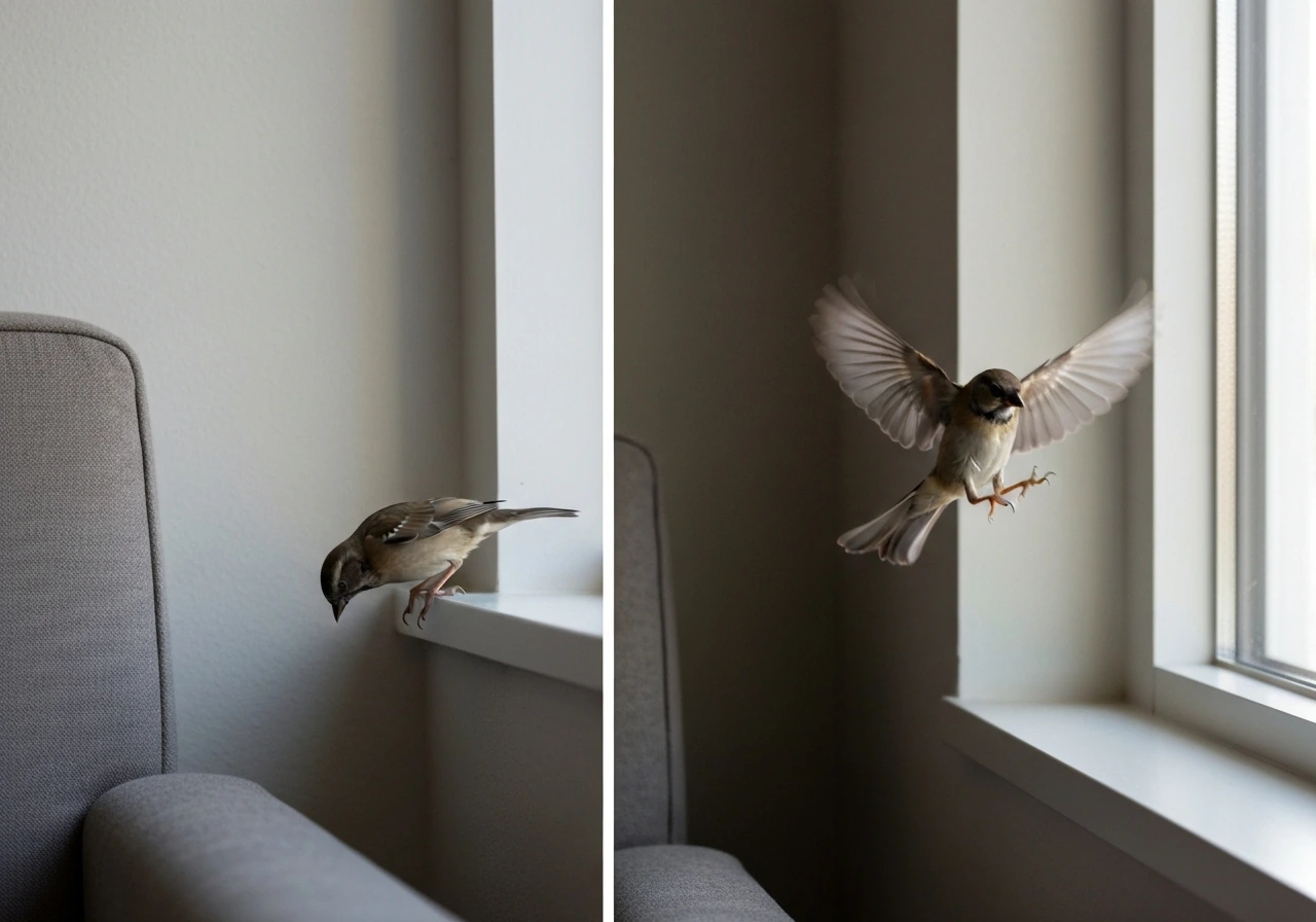 Two panels showing a calm bird landing indoors and a frantic bird crashing near a window