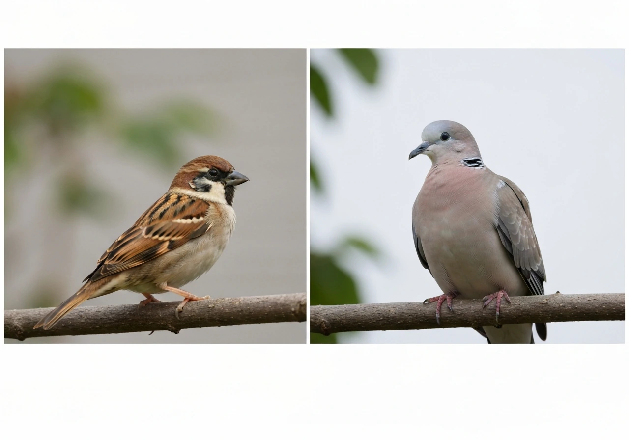 Close-up comparison of a sparrow-like bird and a dove-like bird with soft natural color detail