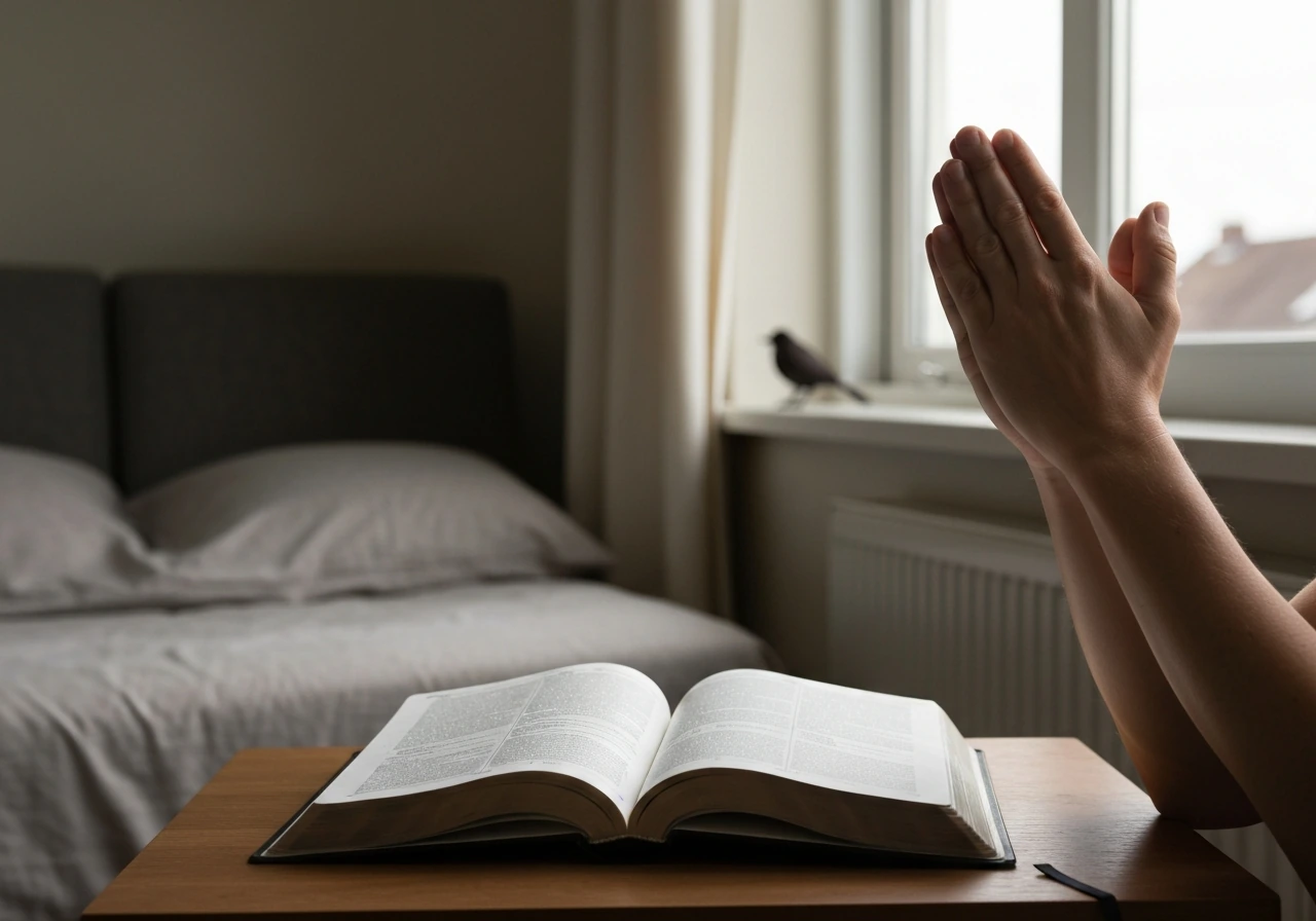 Hand in prayer beside an open Bible in a tidy room, open window with a bird visible outside frame.
