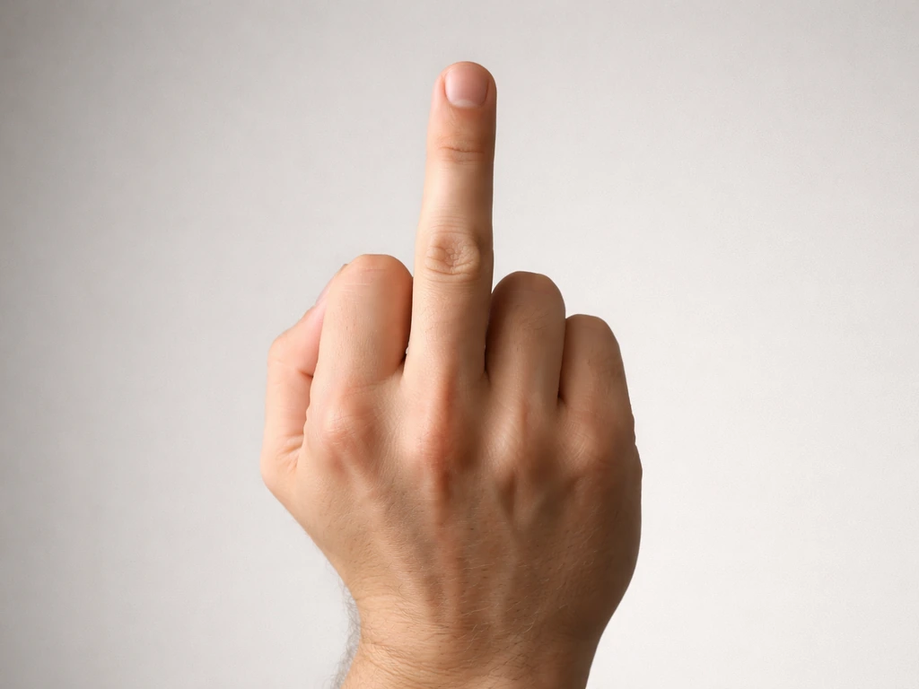 A close-up of an adult hand raising the middle finger against a plain neutral background.