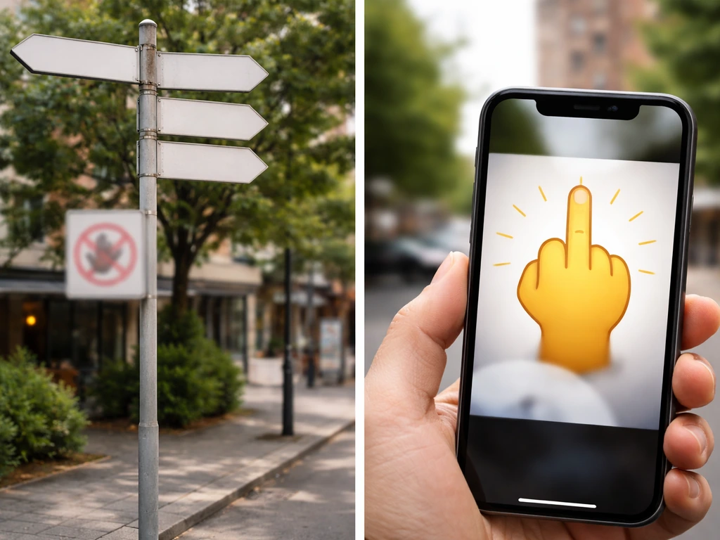 Street scene with a prohibition-style sign and a phone showing an anonymous reaction gesture without text.