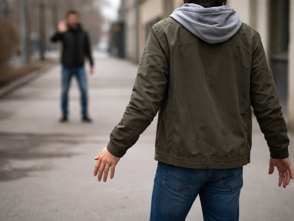Person calmly steps back and takes a breath in a quiet street de-escalation moment.