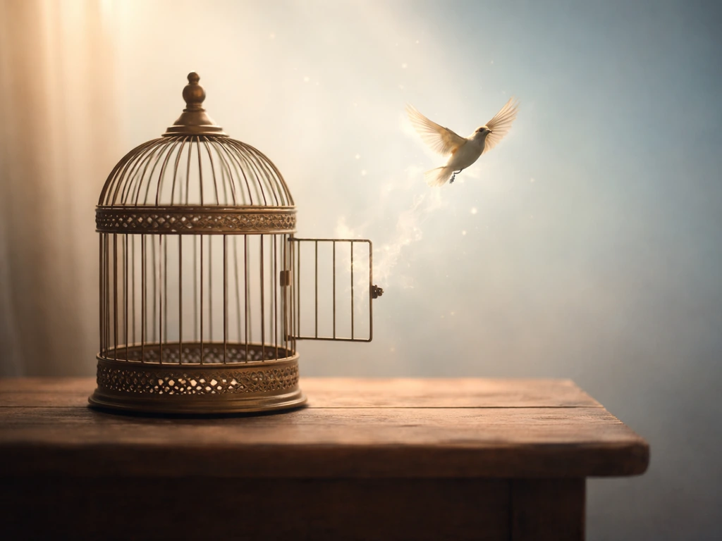 Open birdcage with a bird lifting into soft light, airy mist symbolizing letting go.
