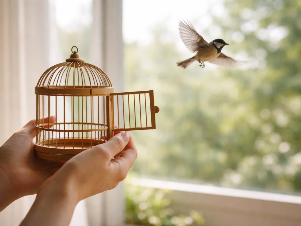 A person gently opens a birdcage door as a small bird flies out into open air.