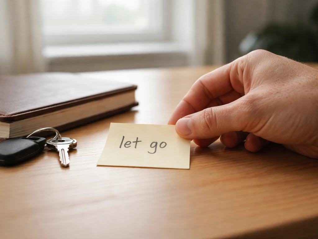 Hand places a “let go” sticky note next to a journal and keys on a wooden desk in natural light.