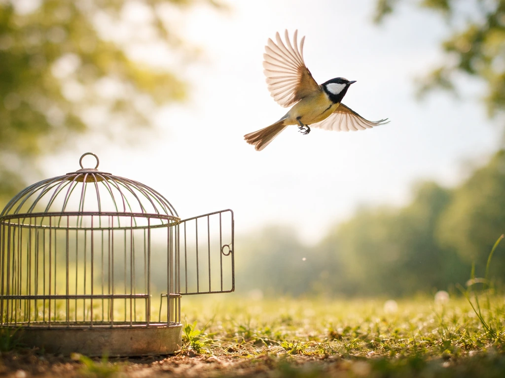 A small bird launches from a partially visible open cage door into bright open air.