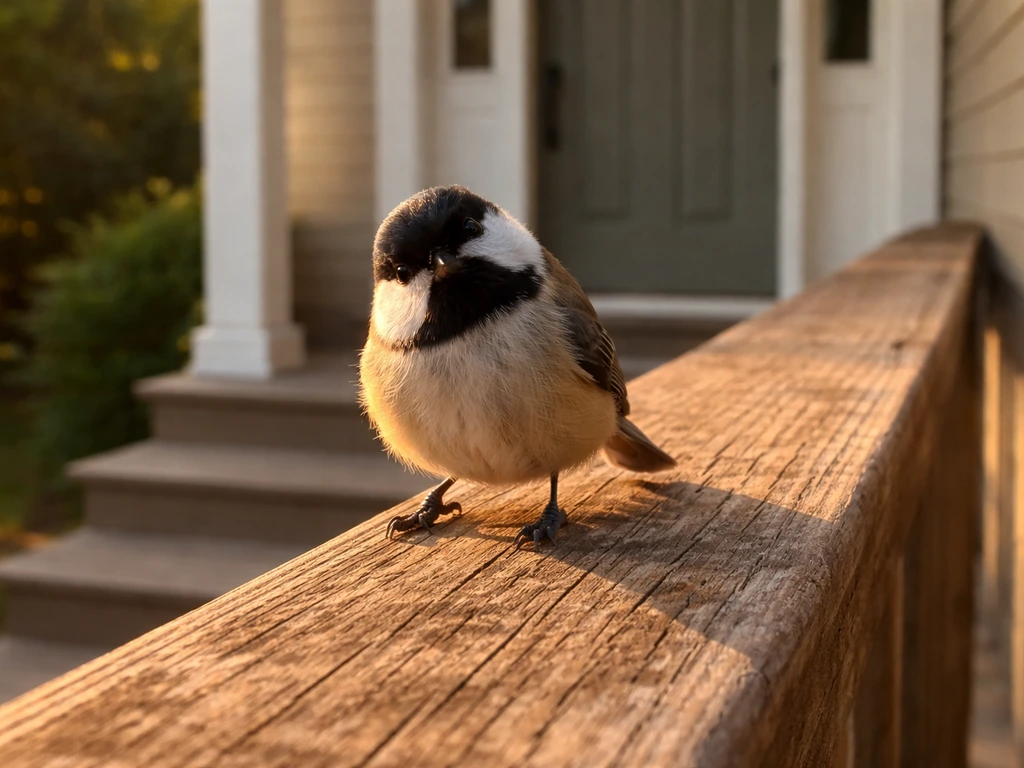 A single bird perched on a home porch railing at golden hour, calm and curious moment.