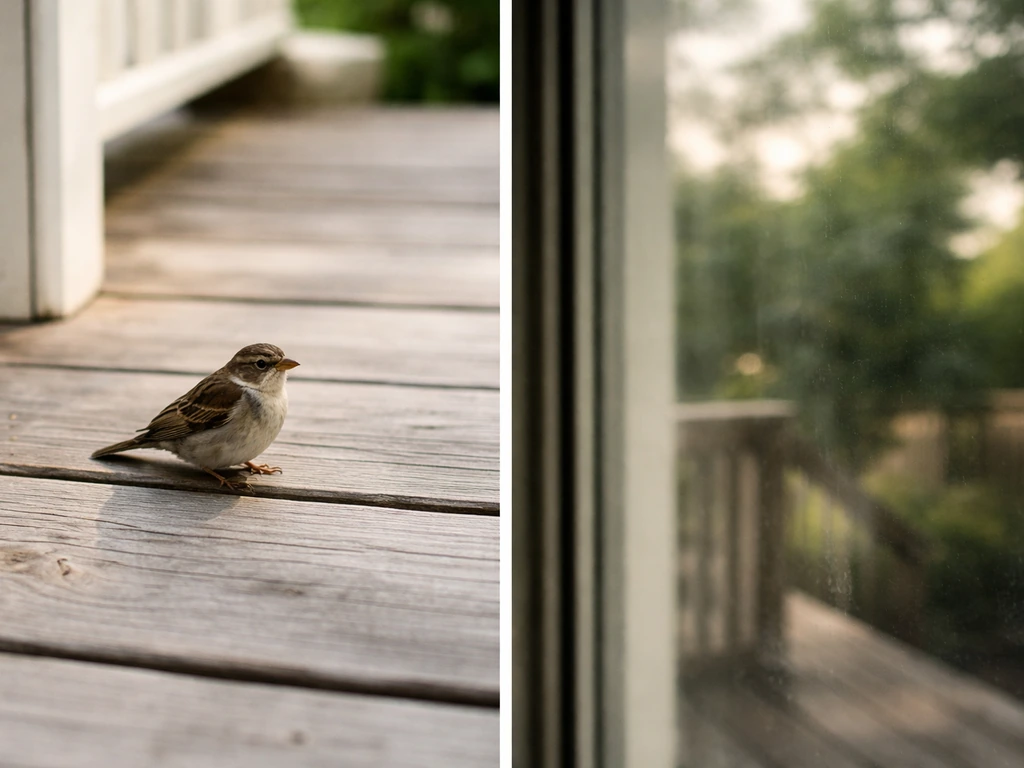 A small bird resting on porch decking, with a separate close view of porch window reflections in glass.