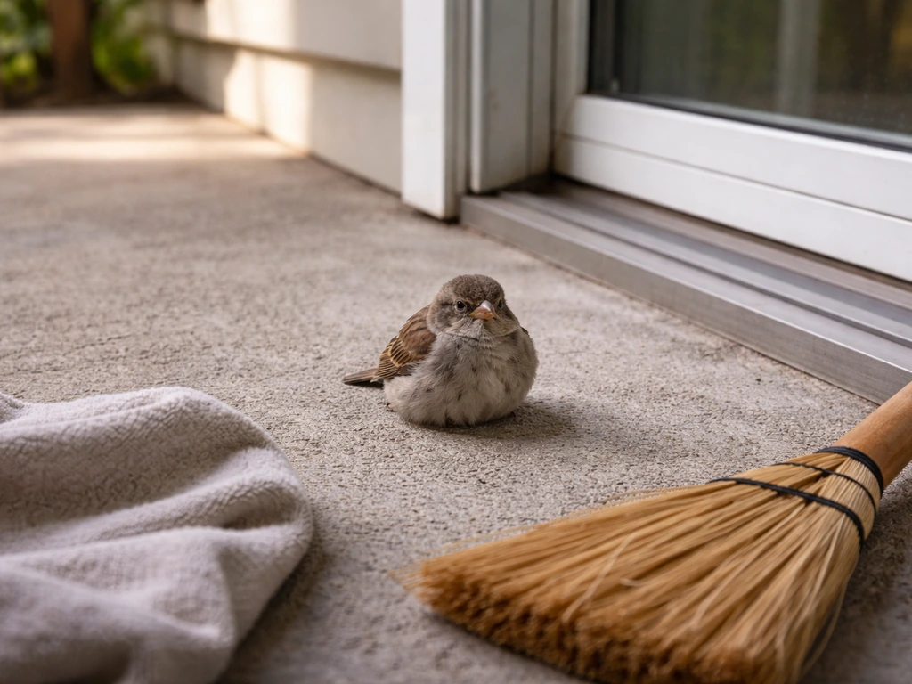 Small disoriented bird sitting on a porch by a glass door, with a towel and broom nearby.