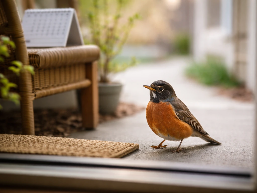 A red robin on a porch doorstep beside an everyday calendar on a porch chair in early spring light.