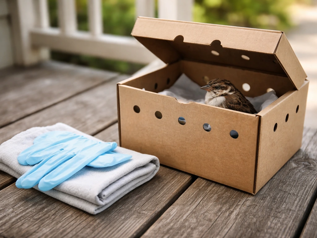 A small ventilated cardboard box and soft cloth on a porch beside a safely contained injured bird.