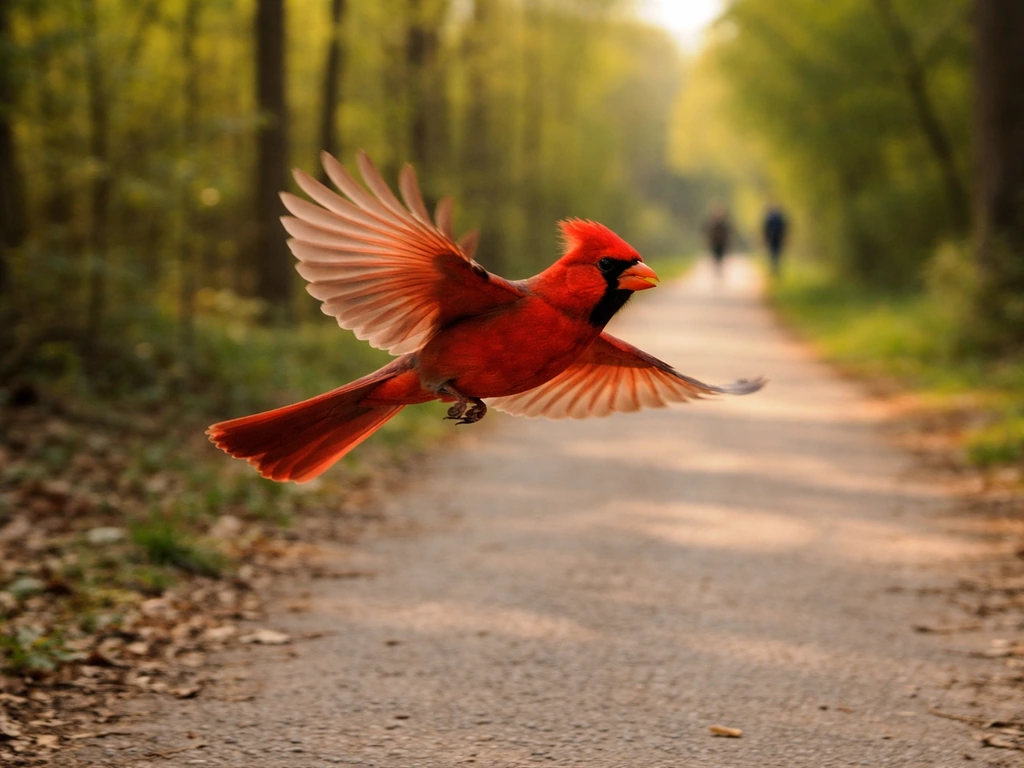 Red bird mid-flight crosses a quiet walking path in natural daylight