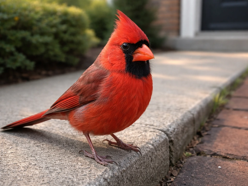 A Northern Cardinal perched near a doorway on a sidewalk in natural morning light.