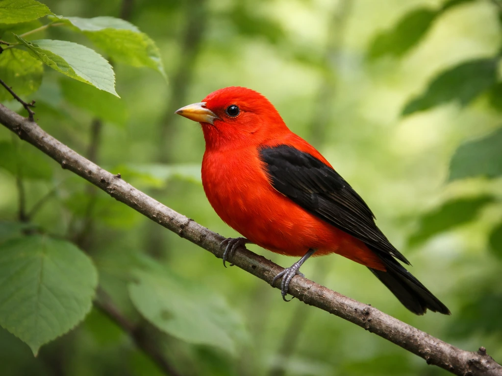 Bright red scarlet tanager perched on green leaves with black wings and tail visible
