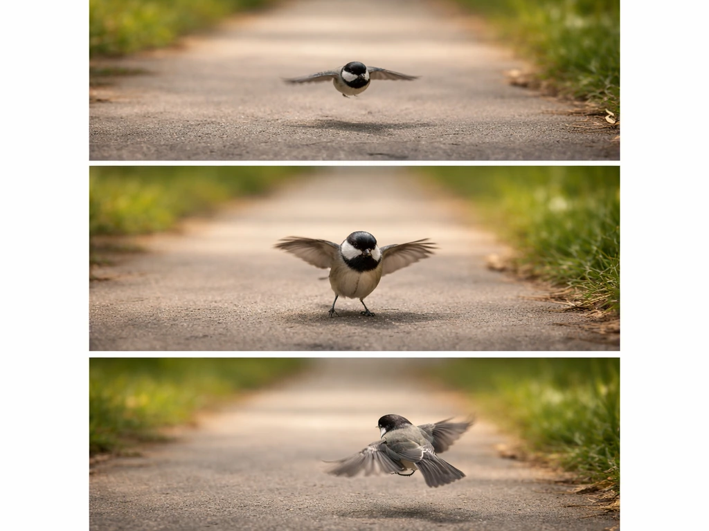 Three vertical photo moments of one small bird: flying past, pausing near, then fluttering back.