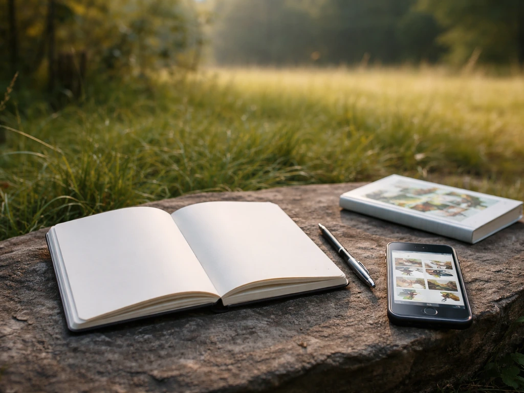 Notebook open outdoors with phone and bird field guide beside it for quick note-taking.
