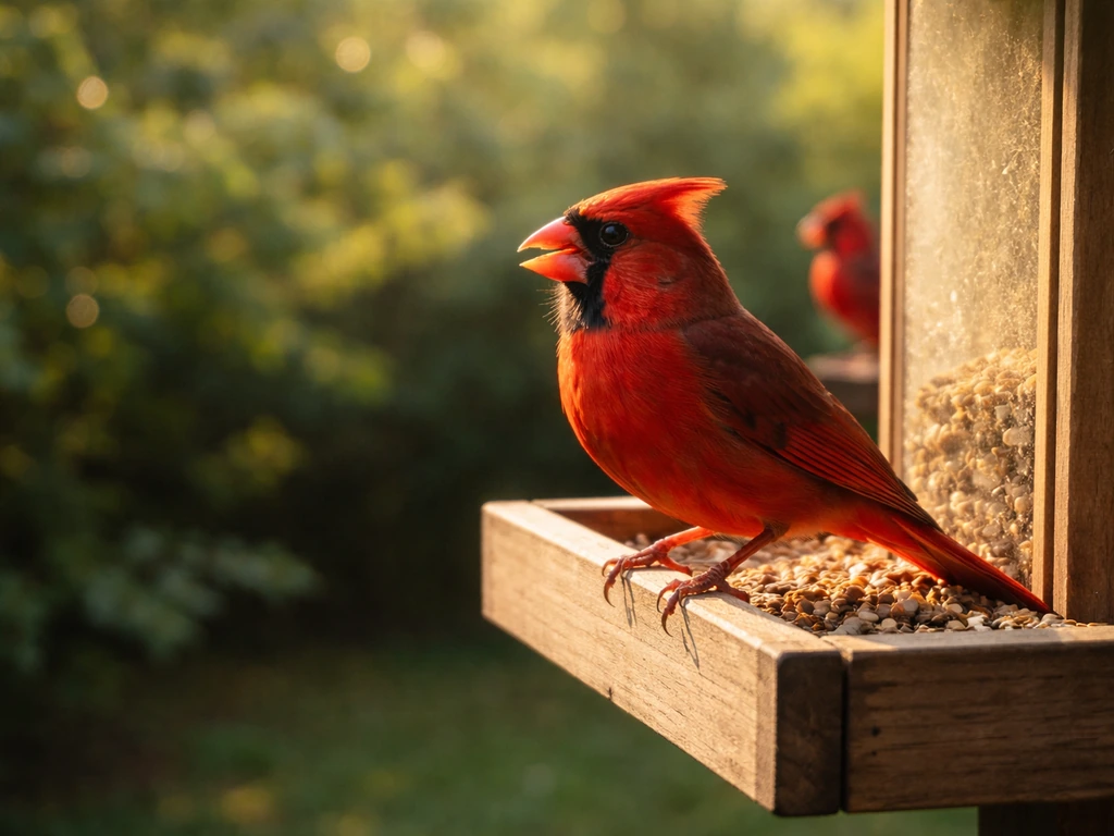 A bright red cardinal perched at a backyard bird feeder in golden dawn light, with soft greenery behind.
