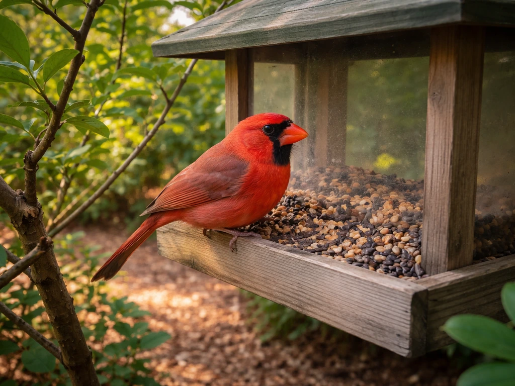 Northern cardinal perched at a backyard feeder, partly sheltered by nearby branches and shrubs.