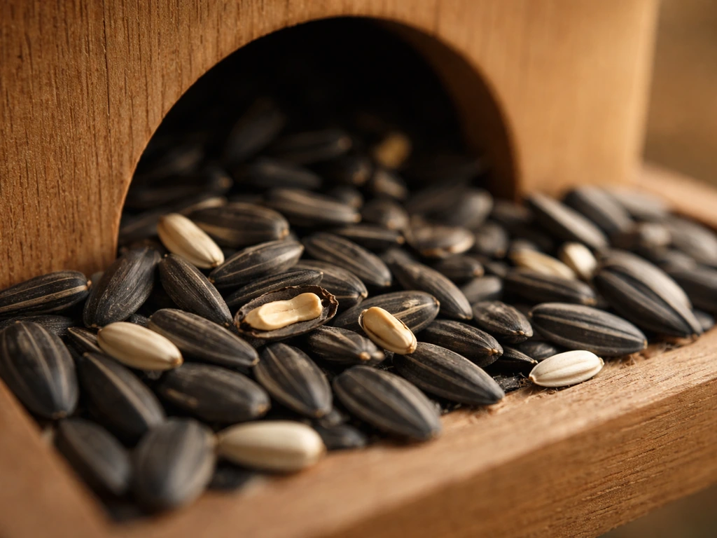Close-up of black oil sunflower and a few safflower seeds around a small feeder opening