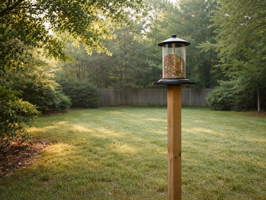 Backyard feeder mounted 5–6 feet up with clear sightline to open yard and nearby cover.