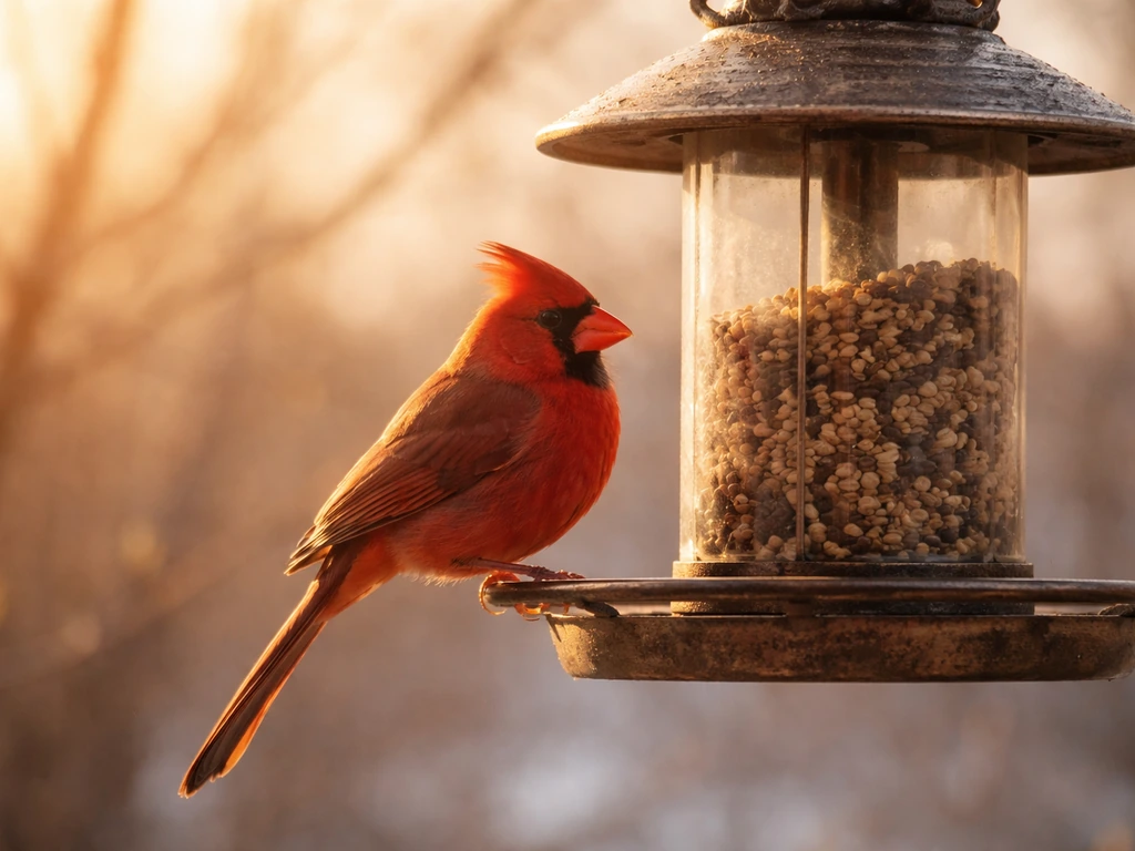 Warm golden light shows a Northern Cardinal perched on a backyard bird feeder.