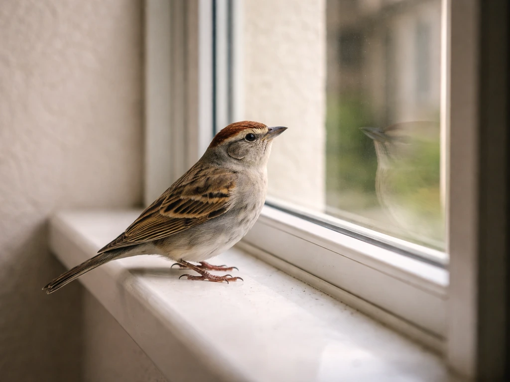 Small songbird perched at an open window, angled toward the house interior